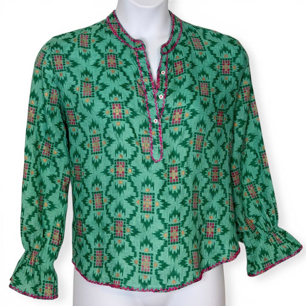 Nimo With Love Linen Top Size M Boho Ikat Green Pink Embroidered Peasant Blouse